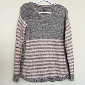 Vanity Women’s Gray and Pink Striped Knit Crew Neck Sweater